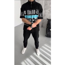 Modaoe Unisex Baskılı Yarım Fermuarlı T-Shirt - Siyah