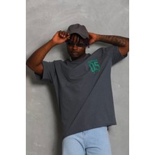 Modaoe Unisex Oversize Baskılı Bisiklet Yaka T-Shirt - Füme