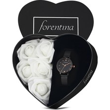 Forentina Siyah Hasır Bayan Kol Saati - Kalpli Güllü Kutu PS2735