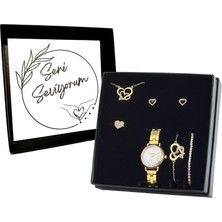 Forentina Kadın Metal Kol Saati -Çift Kalp Takı Seti - Sevgiliye Hediye PS2876