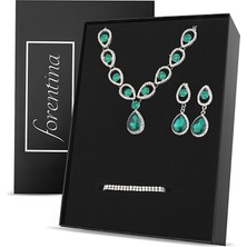 Forentina Gümüş Renk Yeşil Taşlı Kolye Küpe Bileklik Takı Seti PS2791