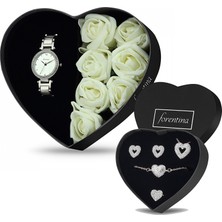 Forentina Beyaz Güllü Kutuda Beyaz Metal Bayan Kol Saati - Kalpli Takı Seti PS2687