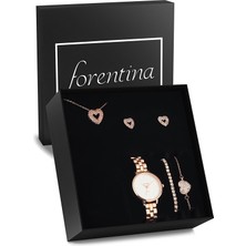 Forentina Rose Kalpli Kolye Bileklik Küpe Saat Hediye Set PS2762