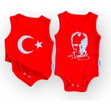 Miyakidsworld Atatürk ve Türk Bayrağı Tasarımlı Baskılı 2 Adet Kırmızı Çıtçıtlı Kolsuz Bebek Body Zıbın