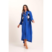 Keyifli Moda Kadın Saks Mavi Kolu Apoletli Uzun Gömlek Elbise