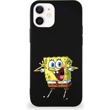 Printify Apple iPhone 12 Mini Soft Premier Kapak Sünger Bob Tasarımlı Silikon Kılıf - Siyah