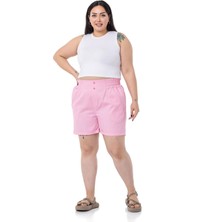 Disentis Modest Büyük Beden Beli Yan ve Arkadan Lastikli Paçası Katlama Detaylı Gabardin Pembe Şort