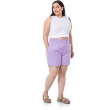 Disentis Modest Büyük Beden Beli Yan ve Arkadan Lastikli Paçası Katlama Detaylı Gabardin Lila Şort