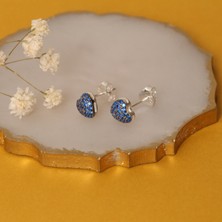 Nox Jewelry 925 Ayar Gümüş Işıltılı Gece Mavisi Taşlı Kalp Çivi Küpe