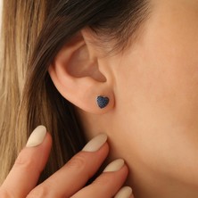 Nox Jewelry 925 Ayar Gümüş Işıltılı Gece Mavisi Taşlı Kalp Çivi Küpe