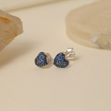 Nox Jewelry 925 Ayar Gümüş Işıltılı Gece Mavisi Taşlı Kalp Çivi Küpe
