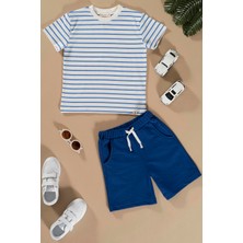 For You Kids Çizgili Saks Tshirt Şort Takım