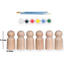 Alg Montessori Toys Ahşap El Yapımı Peg Bebek 6'lı Boyama Seti Fırça Boya Dahil -Peg8-7,5cm