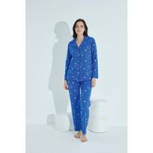 Meri Kadın Saks Mavi Boydan Düğmeli Gömlek Yaka Kalp Desenli Pijama Takımı  958