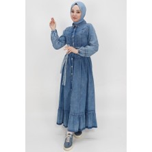 By Coolest Butik 1565 Düğmeli ve Kemerli Uzun Boy Kot Kumaş Elbise