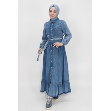 By Coolest Butik 1565 Düğmeli ve Kemerli Uzun Boy Kot Kumaş Elbise