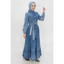 By Coolest Butik 1565 Düğmeli ve Kemerli Uzun Boy Kot Kumaş Elbise