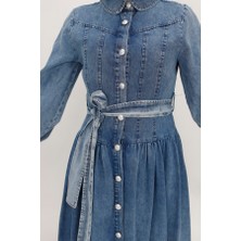 By Coolest Butik 1565 Düğmeli ve Kemerli Uzun Boy Kot Kumaş Elbise