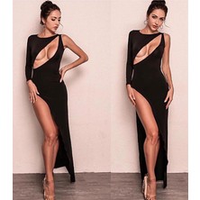 Pileli Store Derin Dekolteli Uzun Yırtmaçlı Elbise