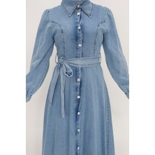 By Coolest Butik 1547 Gömlek Yaka Düğmeli ve Kemerli Kot Kumaş Elbise