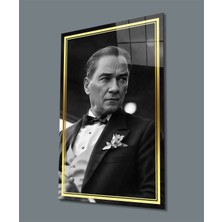 Miraaxx Gold Şerit Siyah Beyaz Yapay Zeka Atatürk Cam Tablo, Uv Baskılı ve Temperli, Hediyelik