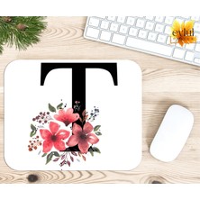 Eylül Design T Harfi Pembe Çiçekli Baskılı Özel Tasarım Dikdörtgen Kaydırmaz Mousepad