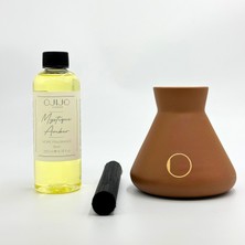 Ojijo London Çubuklu Oda Kokusu 200 ml Mystique Amber Oda Parfümü Kahverengi Seramik Pot Kalın Çubuk Set