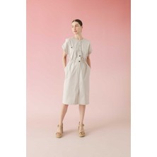 ROMAN Düşük Omuz Beli Lastikli Midi Elbise Taş Y2411064_044