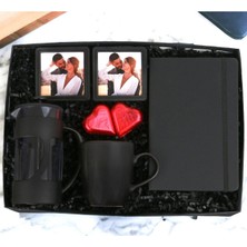 Giftstime Black Siyah Defter & Kupa Bardak Siyah French Press 2 Li Çerçe Kalp Çikolata