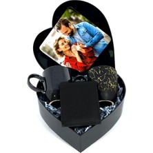 Giftstime Fotoğraflı Yeni Kalp Kutu Tasarımlı 2'li Kupa Cüzdan Set