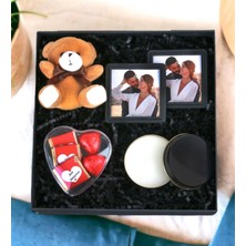 Giftstime Peluş Ayıcık Anahtarlık & 2 Li Çerçe Özel Kalpli Kutuda Çikolata Metal Kutu Mum