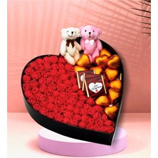 Giftstime Kalpli Kutu New Çiçek Çikolata Buketi Çift Ayıcık Anahtarlık