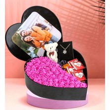 Giftstime Fotoğraflı New Kalp Kutu Çiçek Çikolata Buketi Ayıcık Anahtarlık Kolye Sevgiliye Özel
