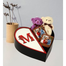Giftstime Kişiye Özel Baş Harf Tasarımlı Kalp Kutu ve Peluş Ayıcık Anahtarlık ve Melek Kolye