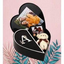 Giftstime Kişiye Özel Baş Harf Tasarımlı Kalp Kutu ve Peluş Ayıcık Anahtarlık ve Sök Tak Çerceve