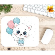 Eylül Design Sevimli Balon Tutan Kedi Baskılı Özel Tasarım Dikdörtgen Kaydırmaz Mousepad