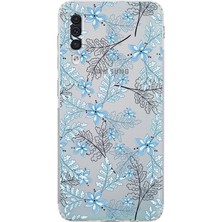 PrintiFy Samsung Galaxy A30S Kamera Korumalı Kapak Floral Mavi Tasarımlı Şeffaf Kılıf