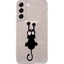 PrintiFy Samsung Galaxy S22 Plus Kamera Korumalı Kapak Çizgi Kedi Tasarımlı Şeffaf Kılıf