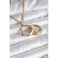 Reka Moda Kadın Kolye, Çelikten Üretilmiş, 45 cm Zincirli, Gold Renk, Açılabilir Fanus Model, Papatya Parçalı