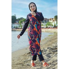 Minel Kadın Pembe Dijital Baskı Desenli Tam Kapalı Uzun Tesettür Mayo 2'li Set Mnl Mayo 022