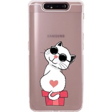 Printify Samsung Galaxy A80 Kamera Korumalı Kapak Cool Cat Tasarımlı Şeffaf Kılıf