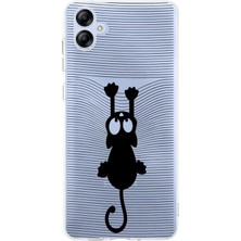 Printify Samsung Galaxy A04E Kamera Korumalı Kapak Çizgi Kedi (Siyah) Tasarımlı Şeffaf Kılıf