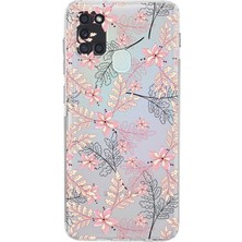 Printify Samsung Galaxy A21S Kamera Korumalı Kapak Floral Kırmızı Tasarımlı Şeffaf Kılıf