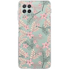 Printify Samsung Galaxy A22 Kamera Korumalı Kapak Floral Kırmızı Tasarımlı Şeffaf Kılıf