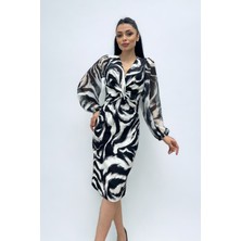 Giyimmasalı Şifon Kumaş Kolları Lastikli Kalem Elbise - Siyah