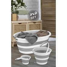 Tekno Trust Gri 3'lü Katlanır Temizlik Seti Milano - Katlanabilir Sele Çamaşır Sepeti - Su Kovası - Koçero