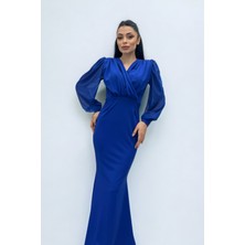 Giyimmasalı Krep Kumaş Kruvaze Yaka Balık Elbise - Saks Mavi