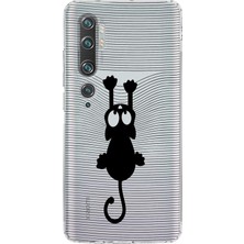 PrintiFy Xiaomi Mi Note 10 Pro Kamera Korumalı Kapak Çizgi Kedi Tasarımlı Şeffaf Kılıf