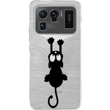 PrintiFy Xiaomi Mi 11 Ultra Uyumlu Kamera Korumalı Kapak Çizgi Kedi (Siyah) Tasarımlı Şeffaf Silikon Kılıf