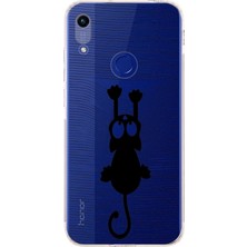 PrintiFy Huawei Honor 8A Kamera Korumalı Kapak Çizgi Kedi (Siyah) Tasarımlı Şeffaf Kılıf
